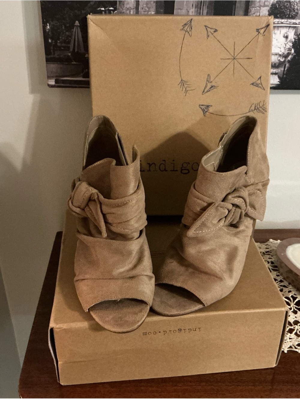 Indigo Taupe Suede Peep-Toe Knot Ankle Booties
